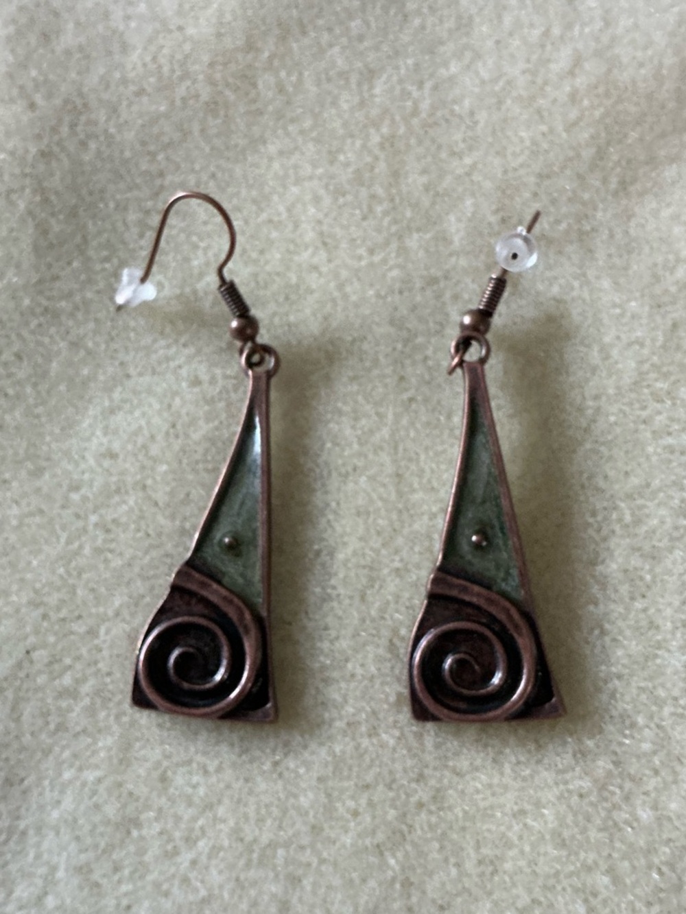 Triangular Dangle Earrings with Green Patina